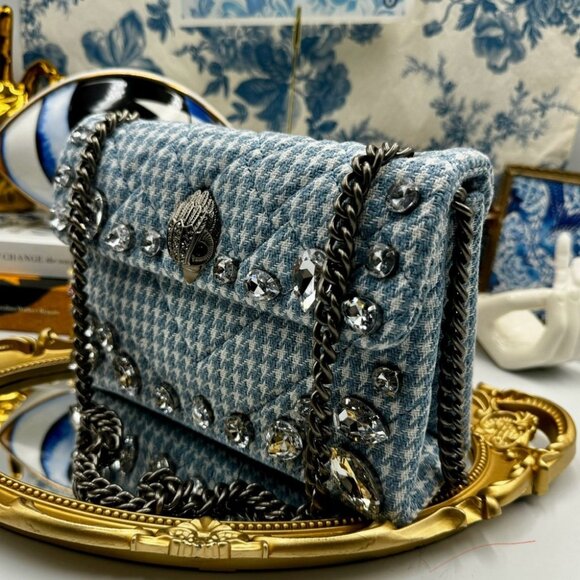 🆕 KURT GEIGER LONDON 🧿 NWOT Blue & White Houndstooth Kensington Bag, Crystals - Picture 16 of 16